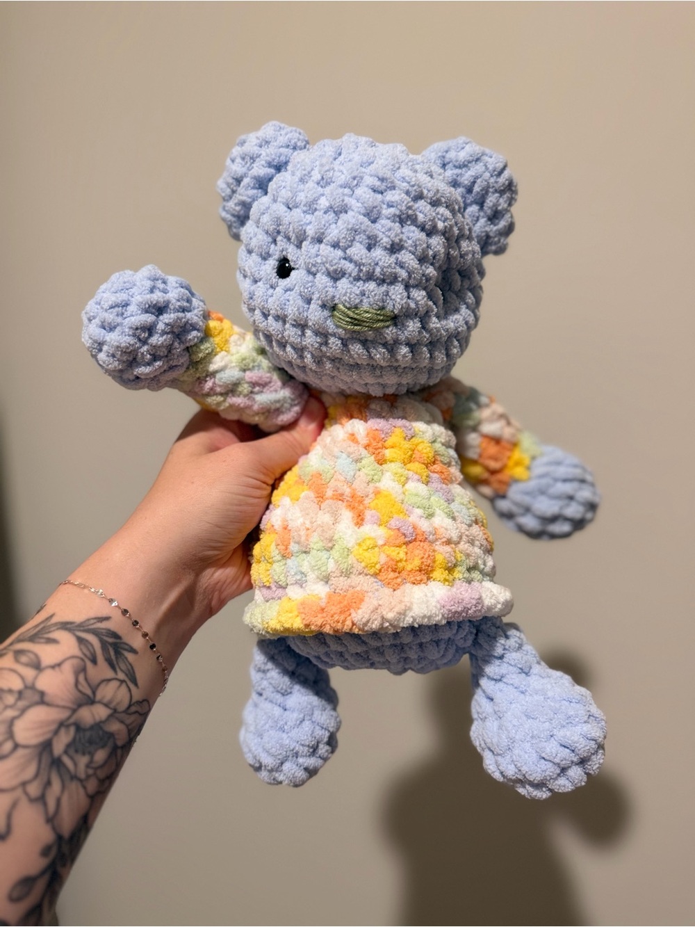Handmade Plush Bear with Pastel Multicolor Shirt